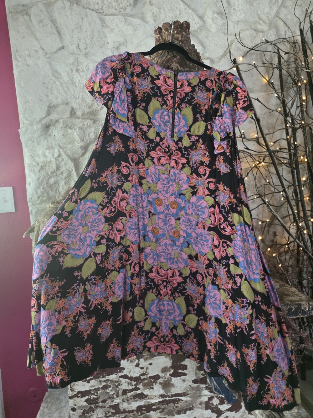Free People Black Flowers Floral Swing Dress with Pink & Blue Flowers - Picture 10 of 11